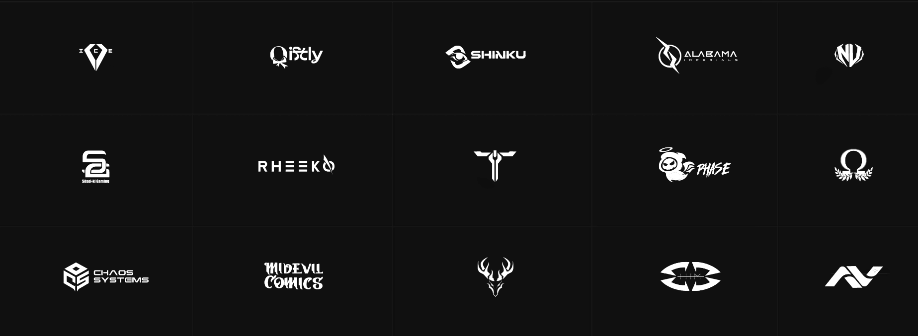 Grid of minimalist black and white brand logos including Shinku, Phase, Chaos Systems, and Alabama Studios – logofolio showcase