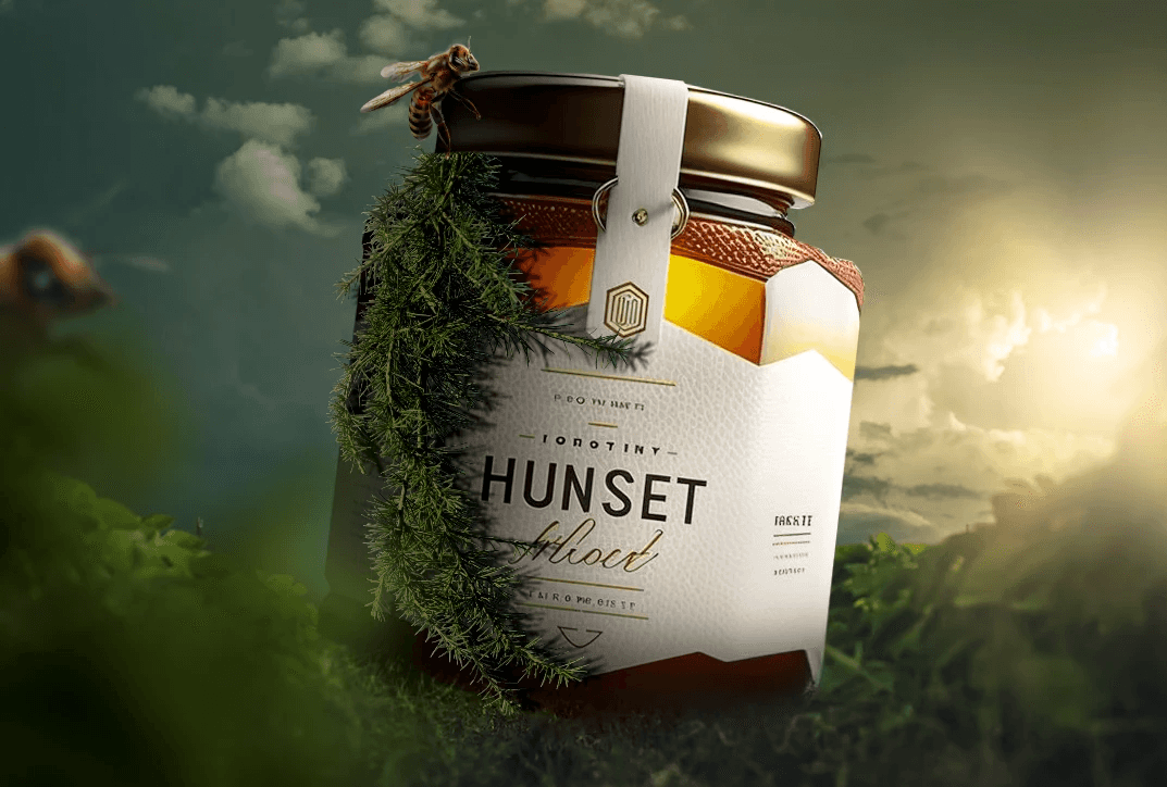 Hunset honey jar with flying bee and mossy background – premium honey product advertisement