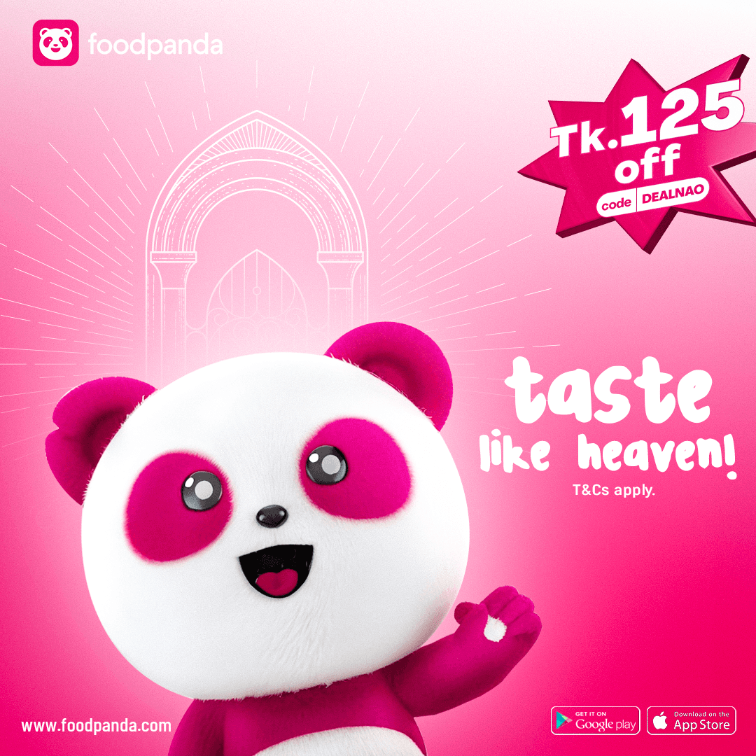 Foodpanda pink panda mascot with Tk. 125 discount offer and ‘taste like heaven’ tagline – food delivery app promo