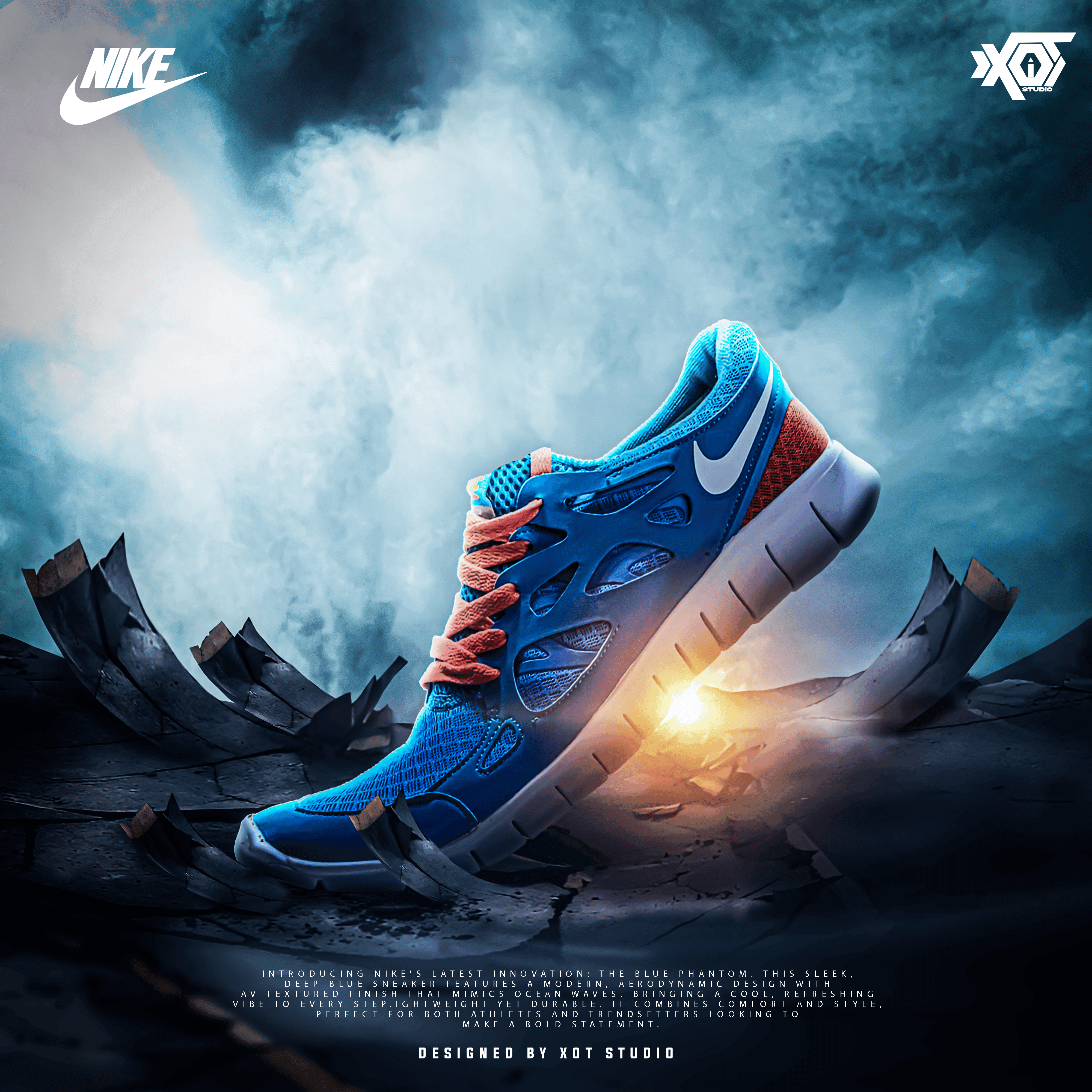 Nike Sky blue sneaker product advertisement design on cracked ground with dynamic lighting