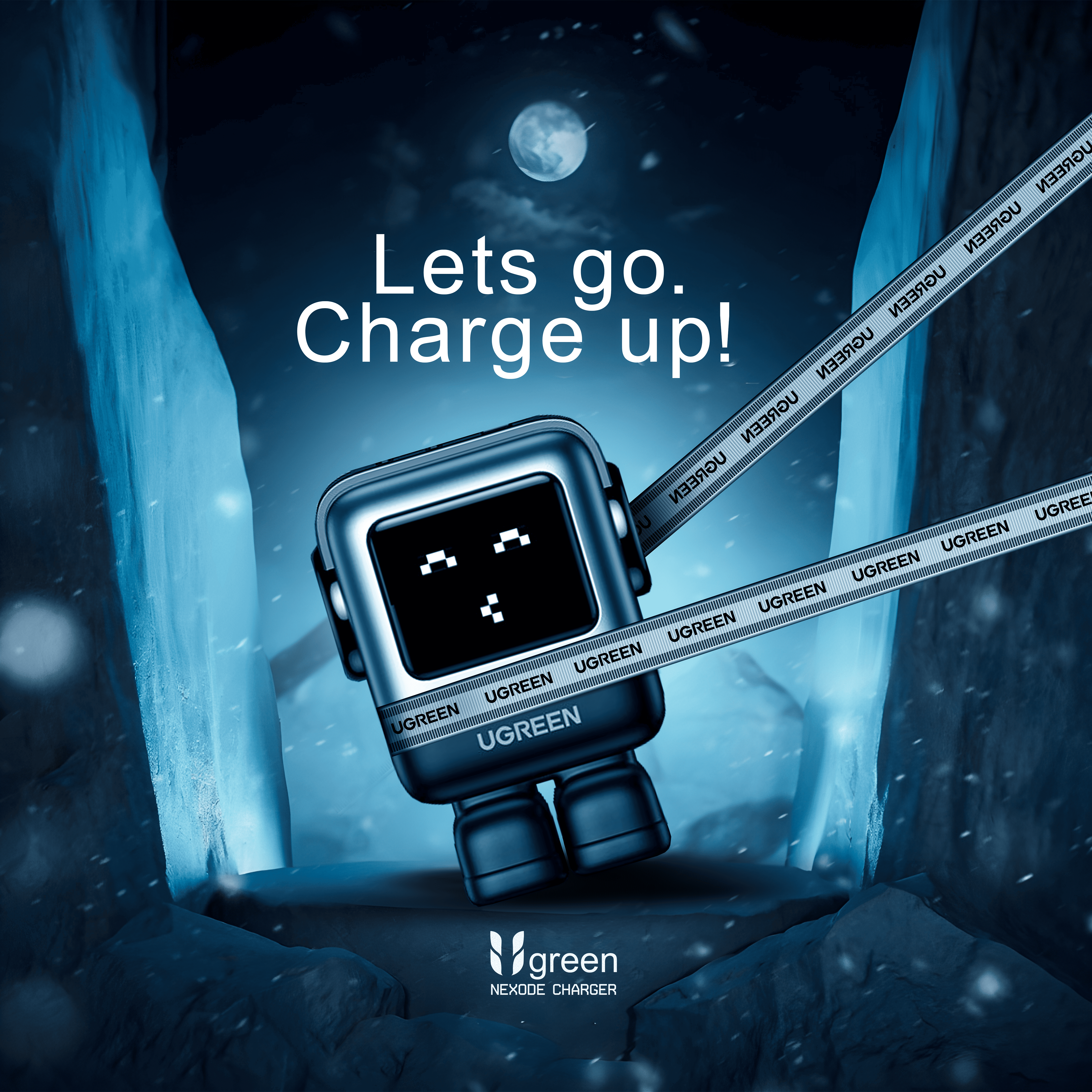 UGREEN Nexode charger mascot with cables in icy environment – Charge up tech ad with animated character