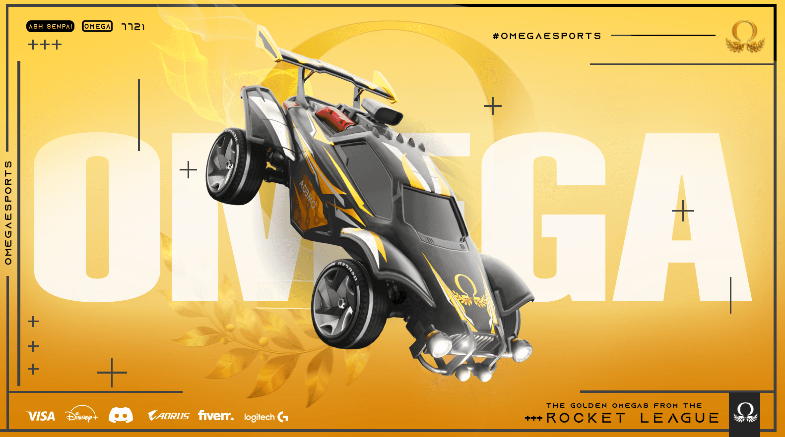 Omega esports Rocket League car design in yellow and black theme – gaming team poster visual