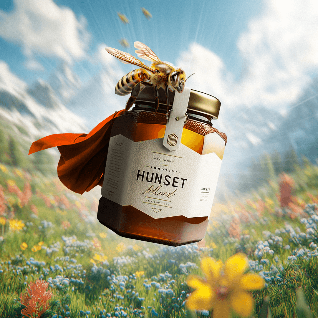Hunset honey jar flying with bee and cape in floral field – creative honey product advertisement