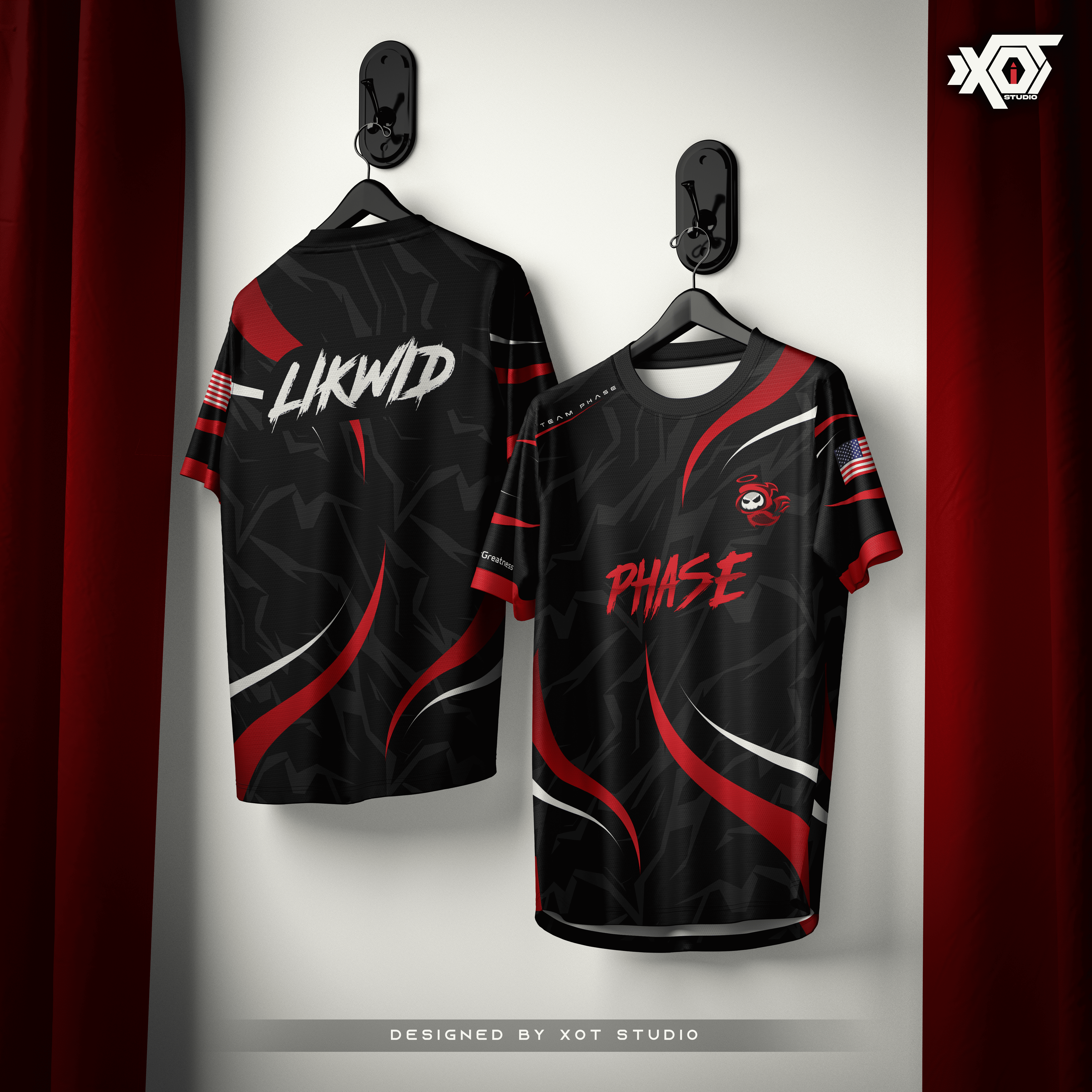 Custom esports jerseys for Phase team hanging on hooks – red and black gaming apparel mockup