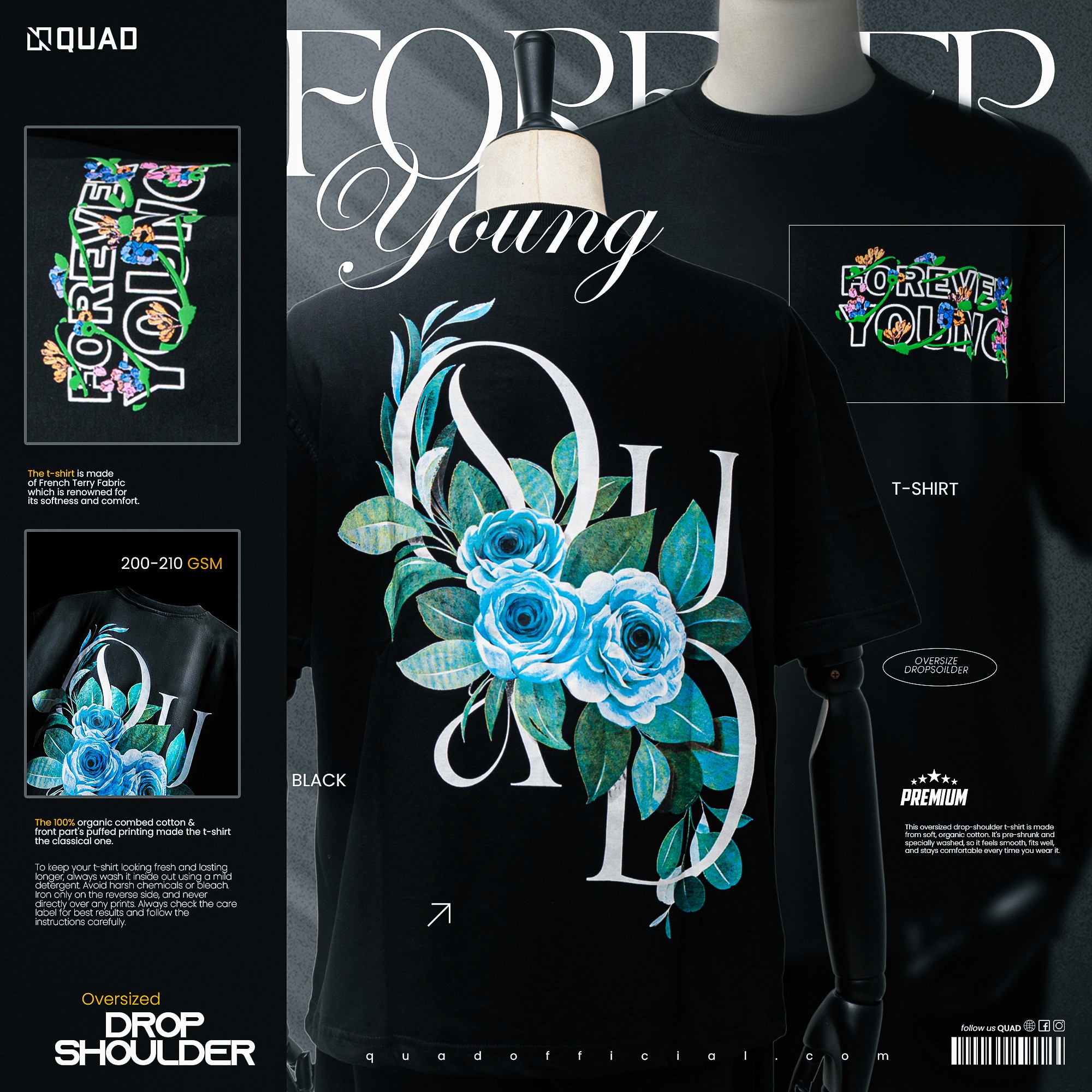 Black oversized t-shirt with floral graphic and Forever Young text – premium fashion mockup