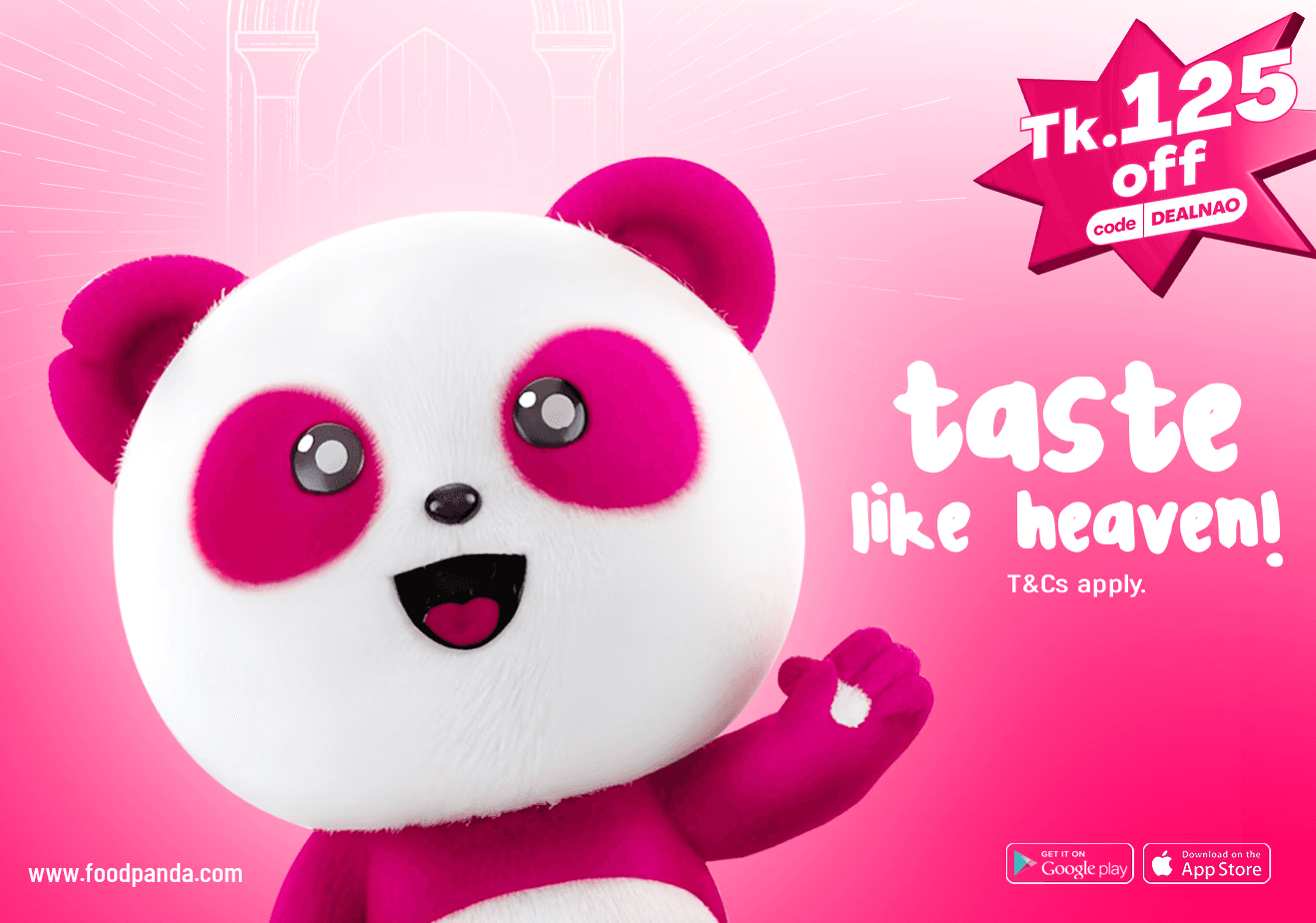 Foodpanda pink panda mascot with Tk. 125 discount offer and ‘taste like heaven’ slogan – food delivery ad visual